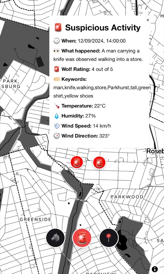 Community map showing an anonymous report plotted for responders.