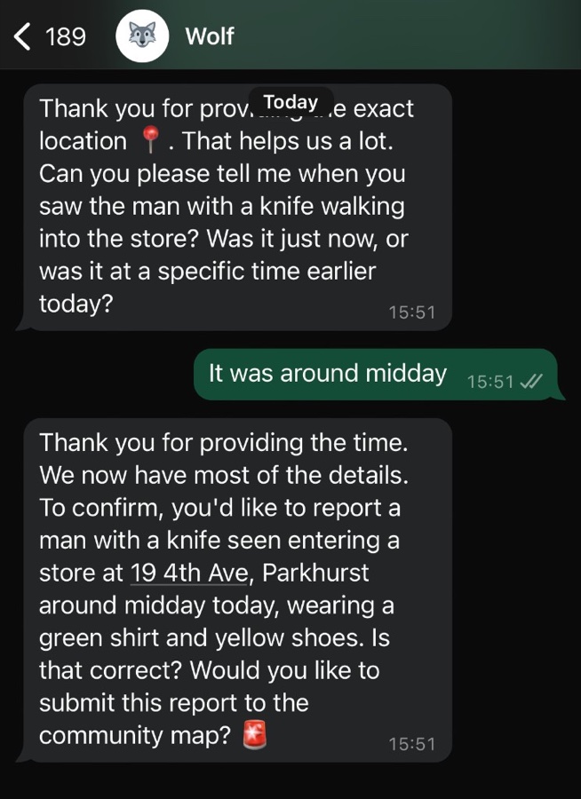 WhatsApp conversation showing anonymous crime reporting in your first language.