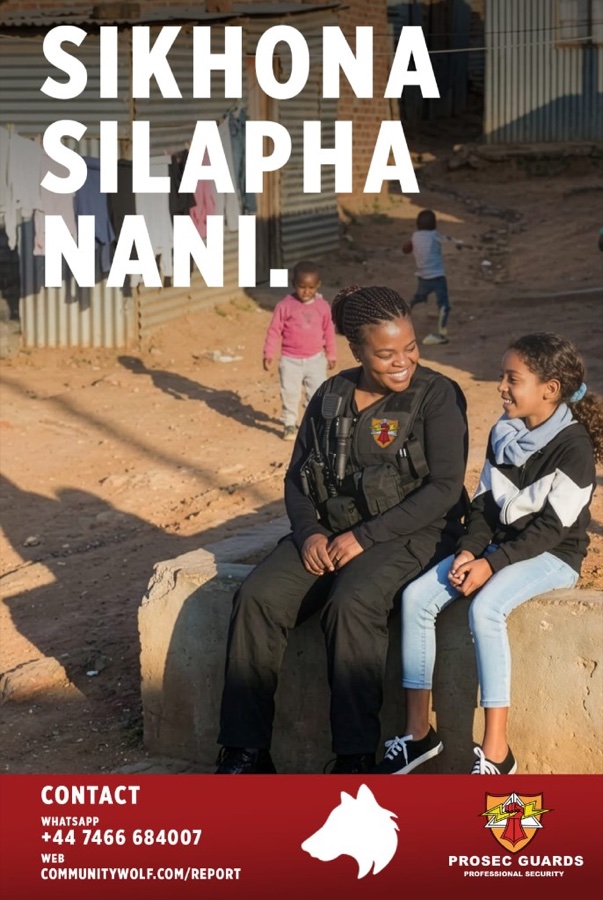 Community poster in isiXhosa: Sikhona silapha nani, with reporting contact details.
