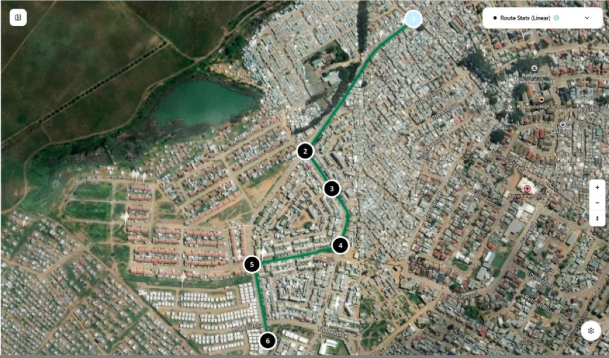 Satellite map of Kayamandi with a plotted patrol route and numbered waypoints.