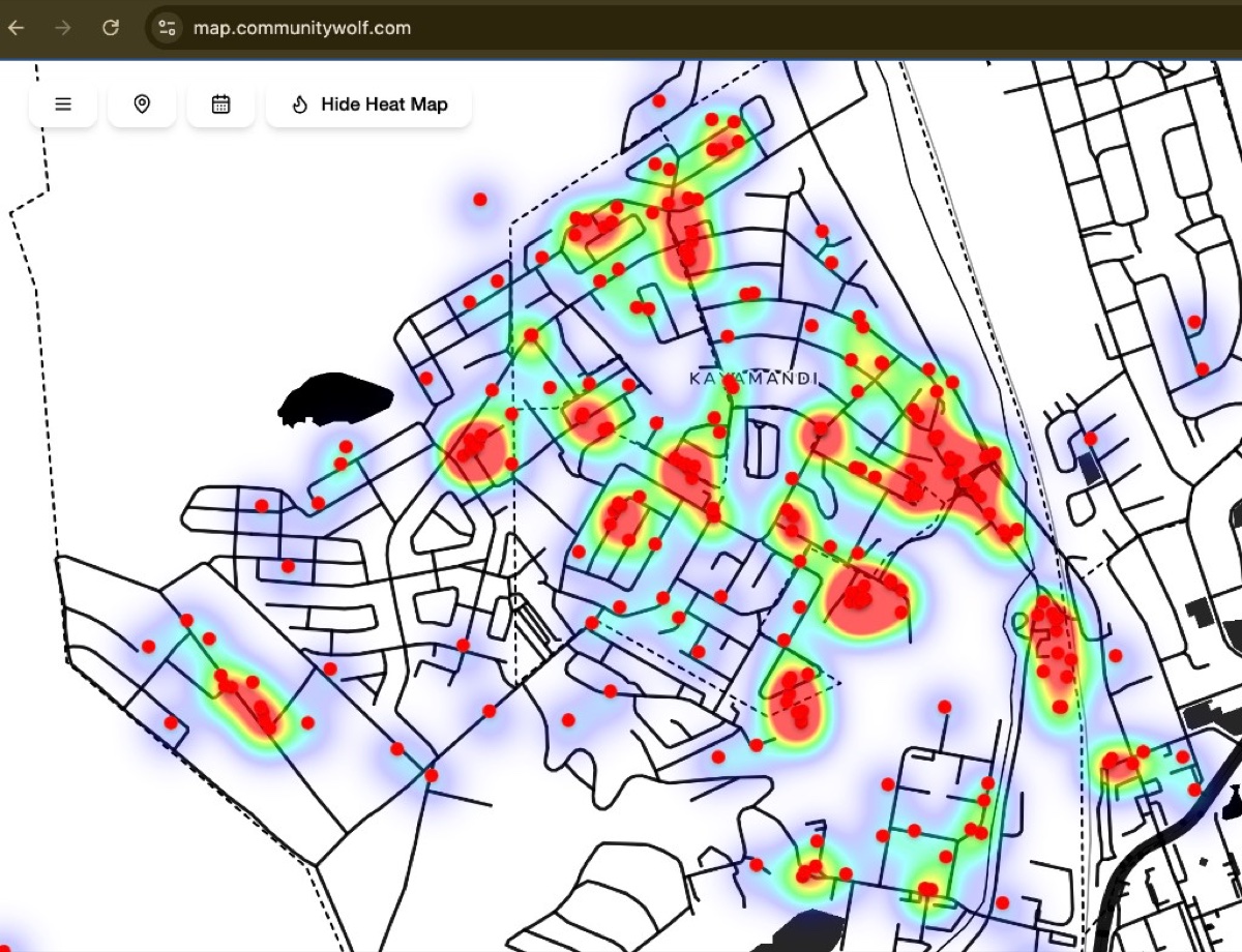 Kayamandi crime hotspot map showing where community reports were clustering.